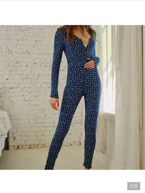Free People Navy Blue Floral “Home Alone” One-Piece Thermal Unionsuit. Size xs